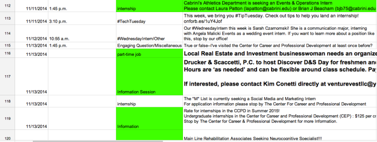 An example of a typical week of scheduled content--both curated and jobs/internships.